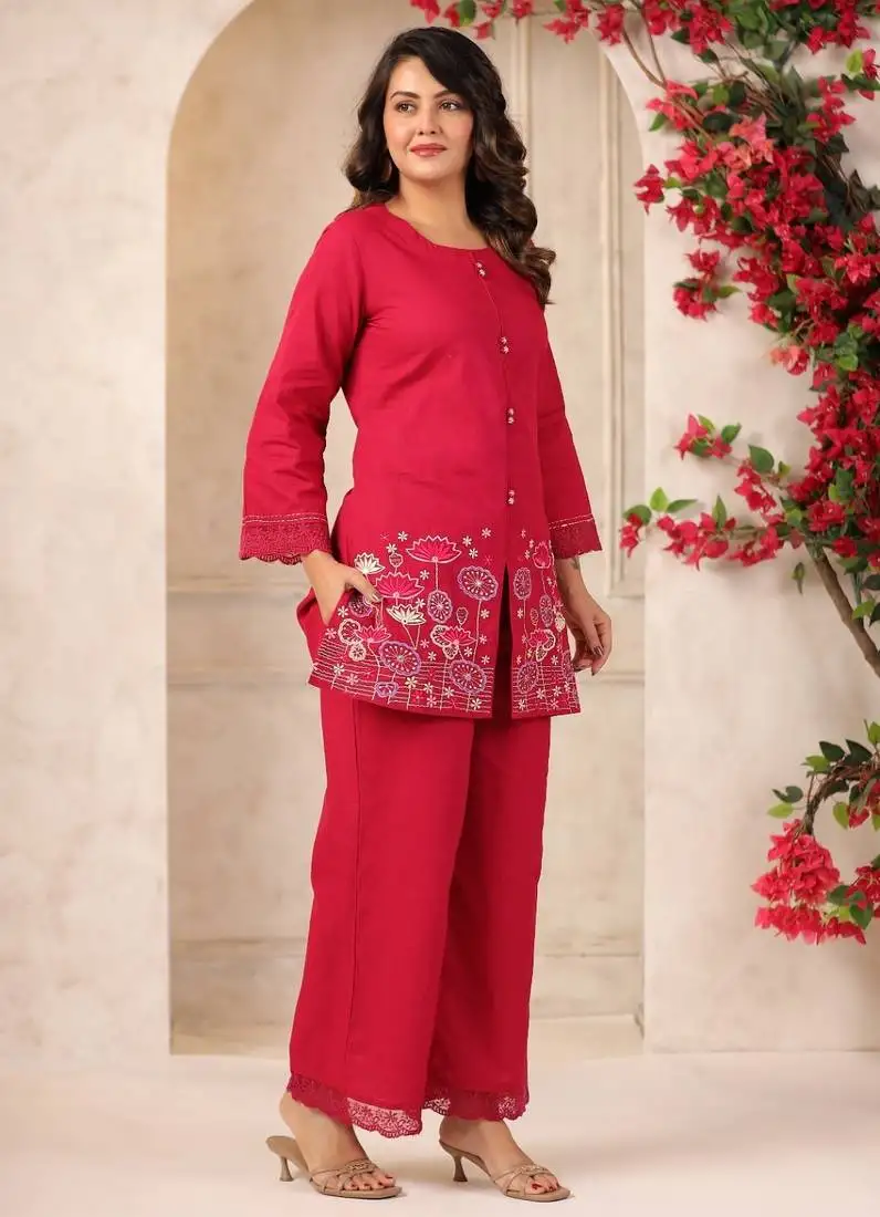 Mahua carmine embroidery cotton co-ord set