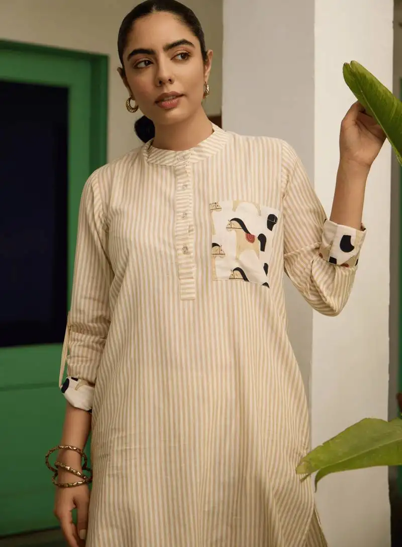 Beige cotton printed kurta-sets