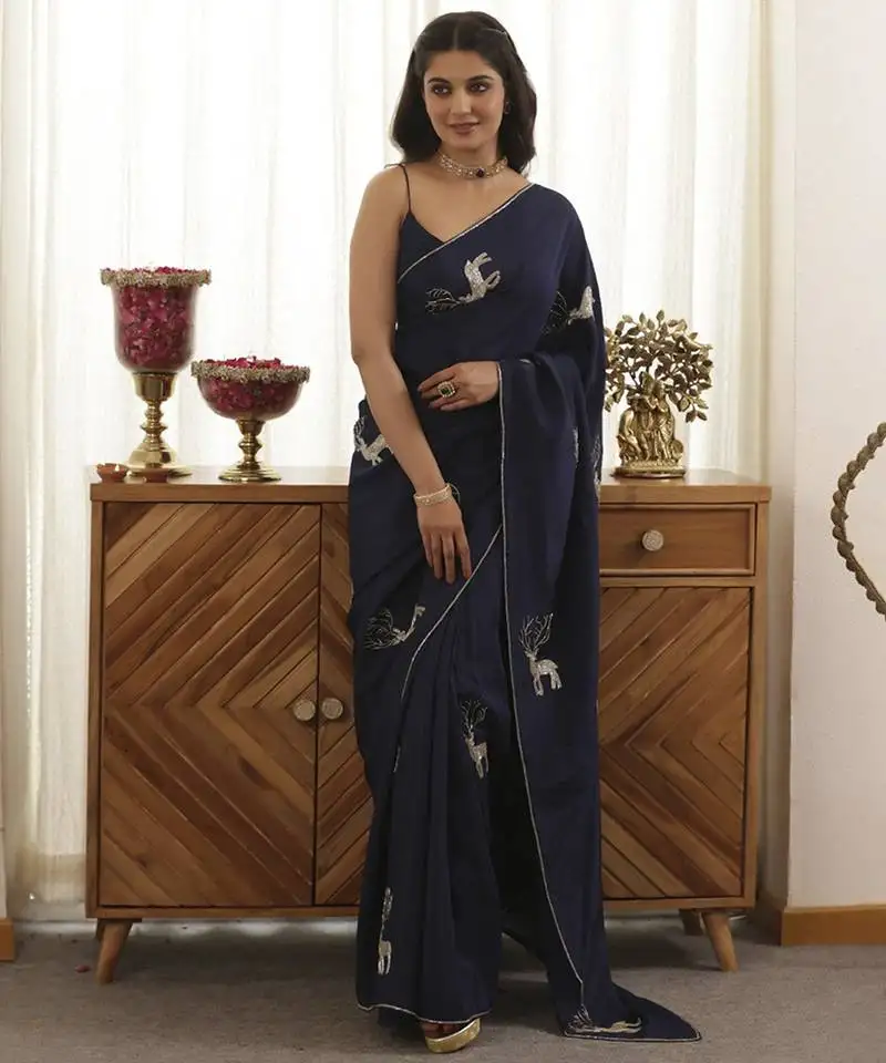 Navy plain silk blend saree with deer design embroidery