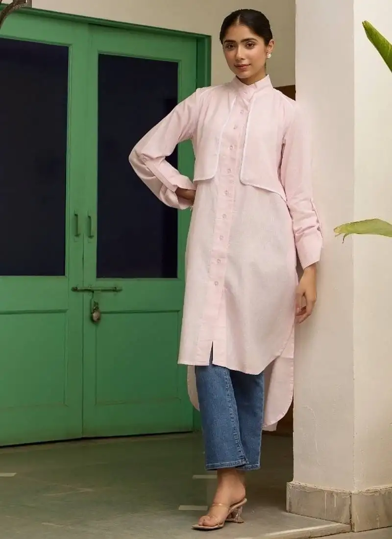 Baby-pink cotton printed kurta-sets