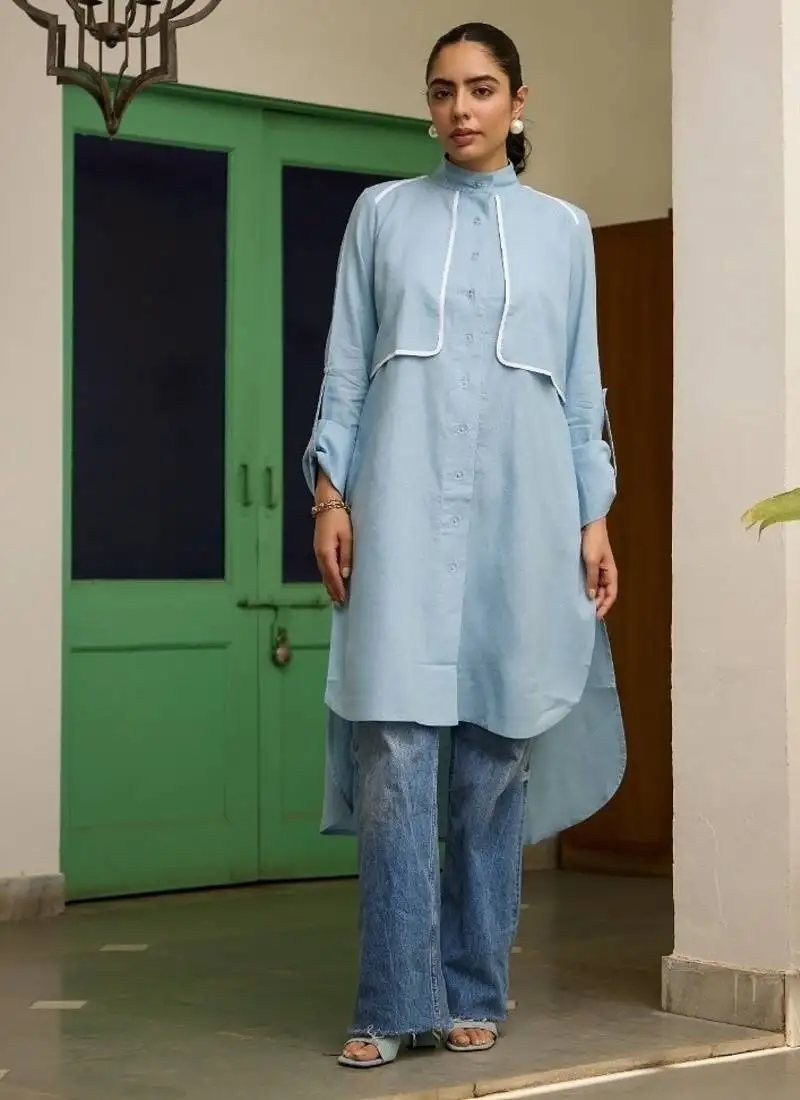 Blue linen printed dress