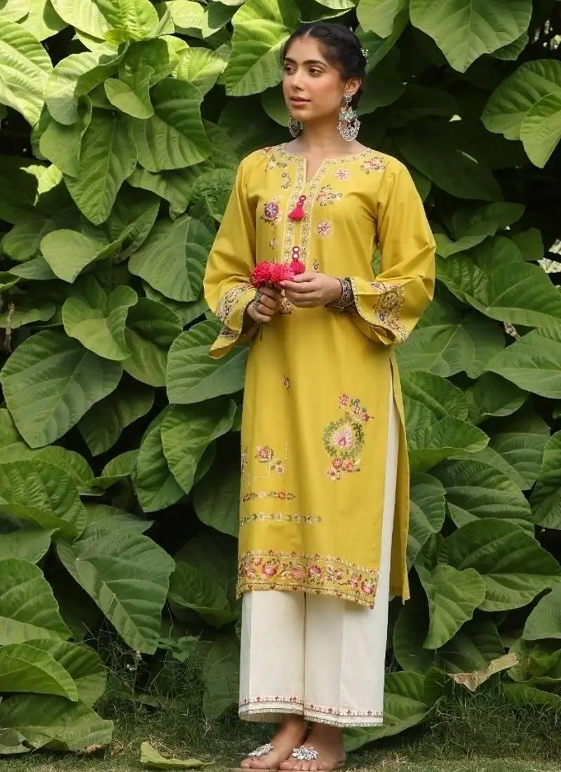 Yellow lawn printed kurta-sets
