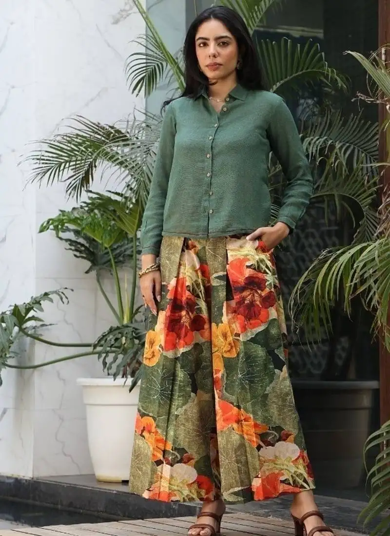 Green cotton printed dress set