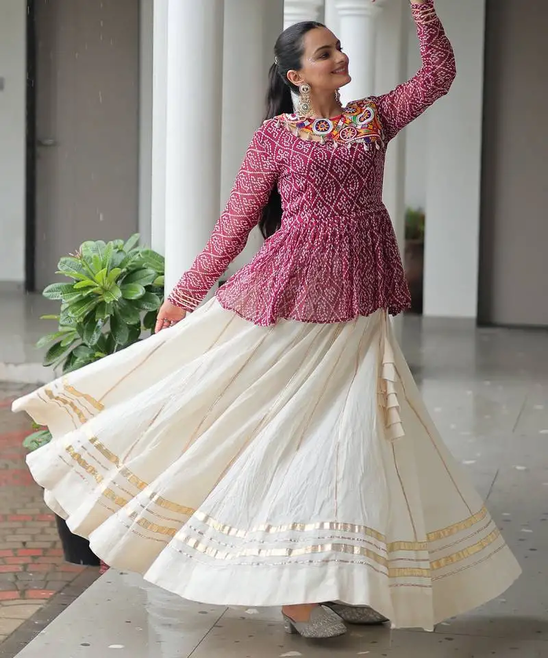 Maroon print gamthi patch work cotton navratri stitched lehenga choli