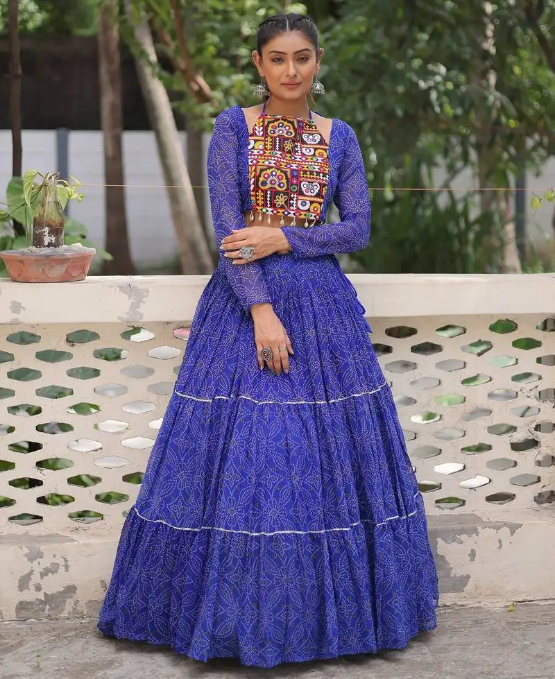 Blue bandhani print gamthi embroidered georgette navratri stitched lehenga choli