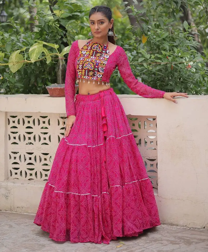 Pink bandhani print gamthi embroidered georgette navratri stitched lehenga choli