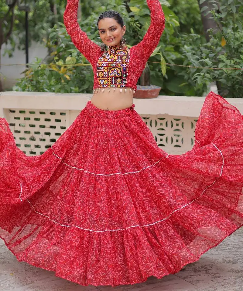 Red bandhani print gamthi embroidered georgette navratri stitched lehenga choli