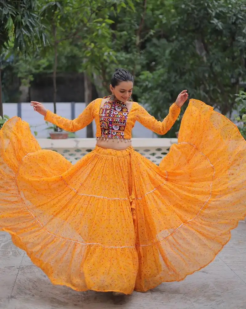Yellow bandhani print gamthi embroidered georgette navratri stitched lehenga choli
