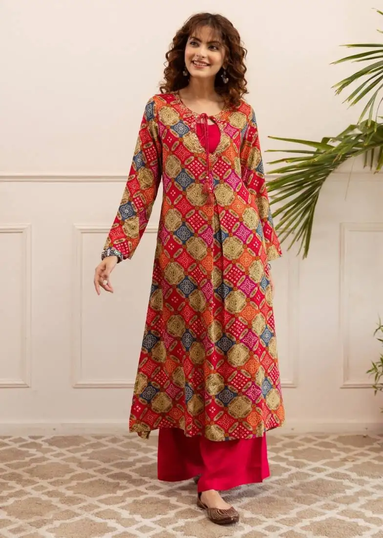 Kabool carmine printed kurta pant set
