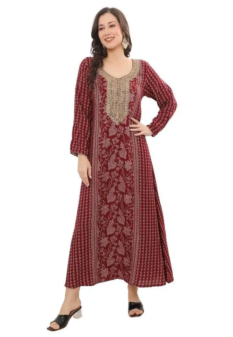 Floral printed a-line jalabiya with threadwork