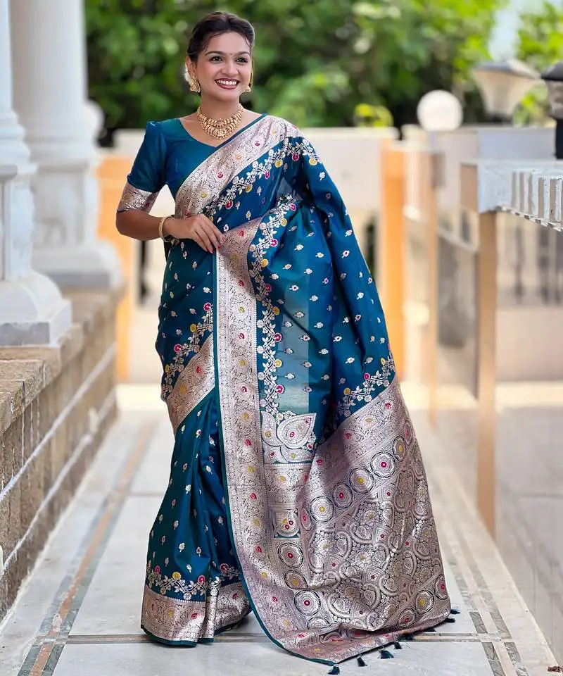 Teal blue soft silk blend saree with zari weaving meenakari design