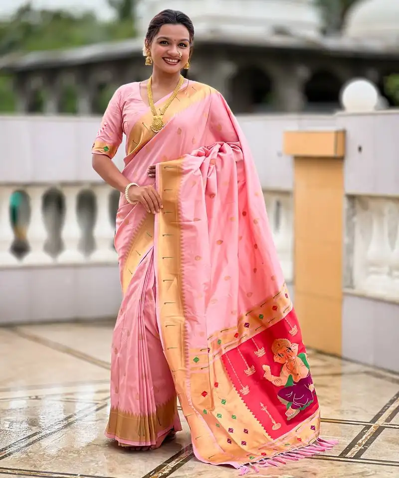 Bebby pink silk blend saree with paithani rich weaved pallu and blouse