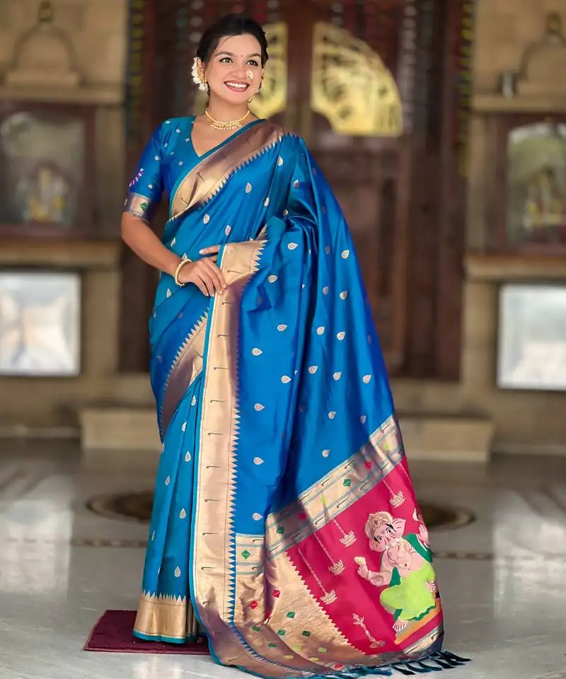 Teal blue silk blend saree with paithani rich weaved pallu and blouse