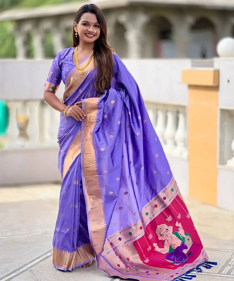 Lavender silk blend saree with paithani rich weaved pallu and blouse