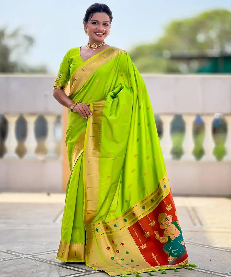 Parrot green silk blend saree with paithani rich weaved pallu and blouse