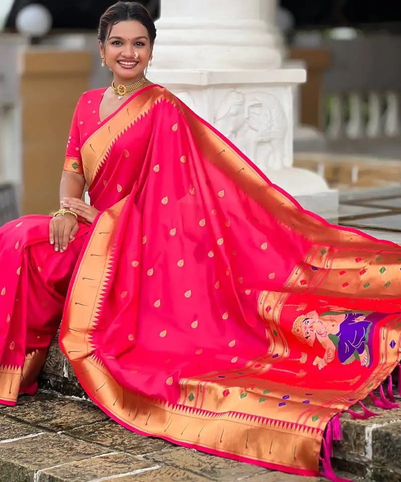Rani pink silk blend saree with paithani rich weaved pallu and blouse