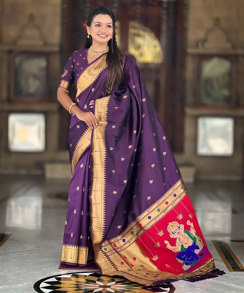 Wine silk blend saree with paithani rich weaved pallu and blouse