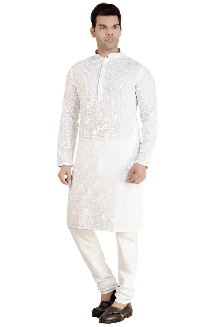Arruga white cotton poly chikankari full sleeve kurta pajama set for mens