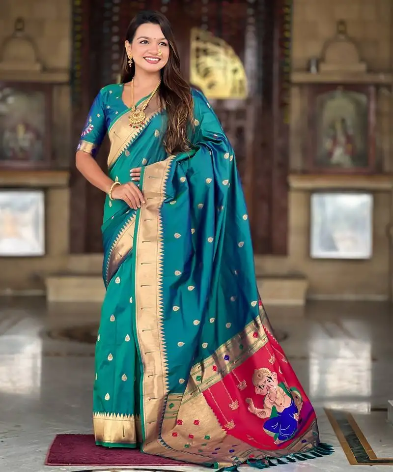 Rama silk blend saree with paithani rich weaved pallu and blouse