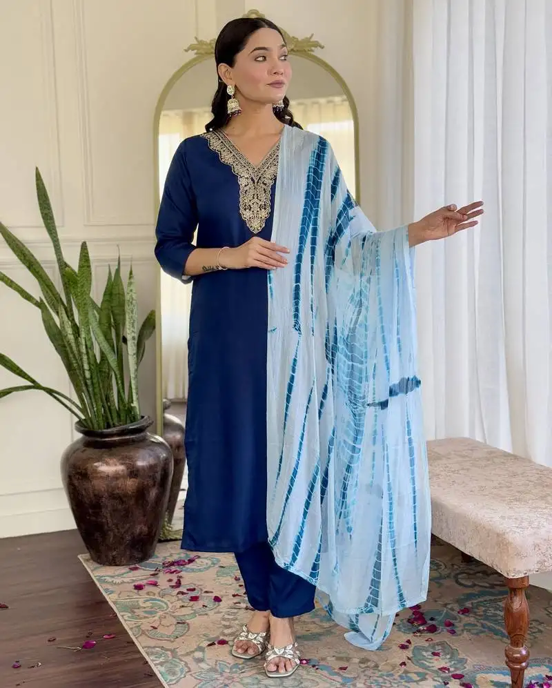 Blue sequence embroidery viscos chanderi silk kurta set with nazmin printed dupatta