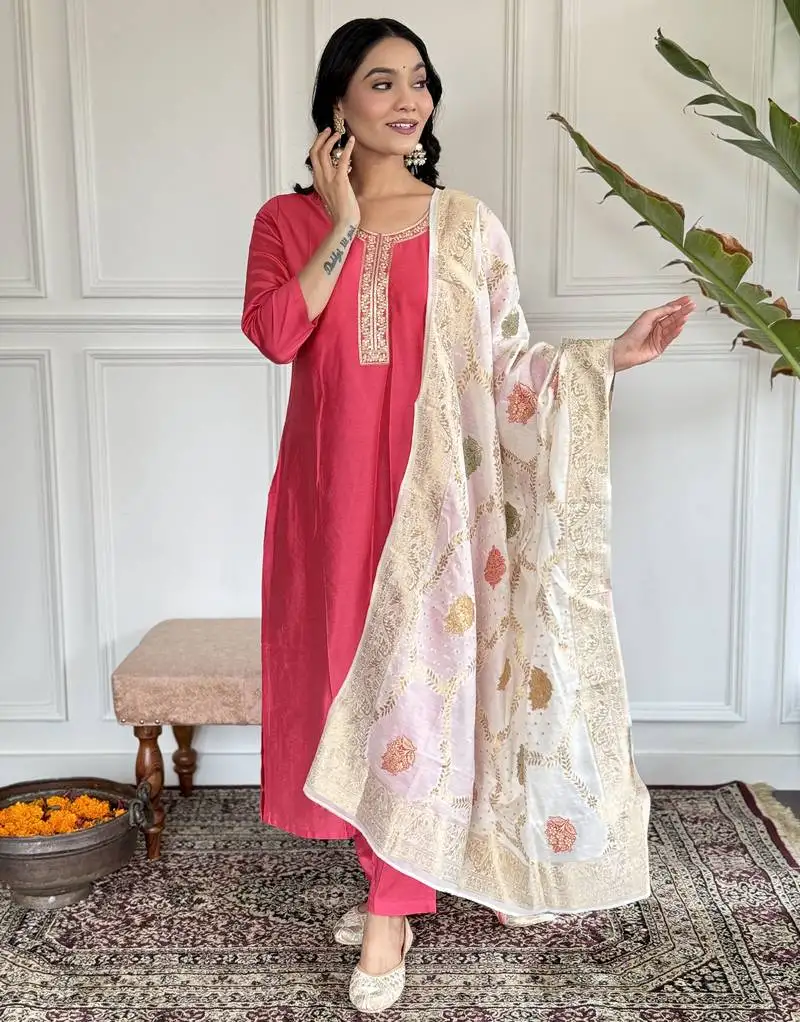 Gajari sequence embroidery kurta set with floral jacquard dupatta for women