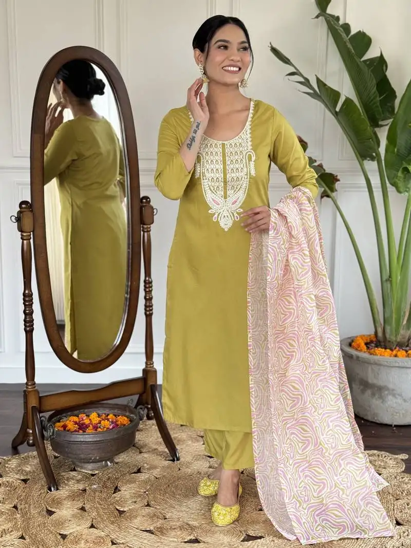 Yellow sequence embroidery viscos kurta set with printed chanderi dupatta for women