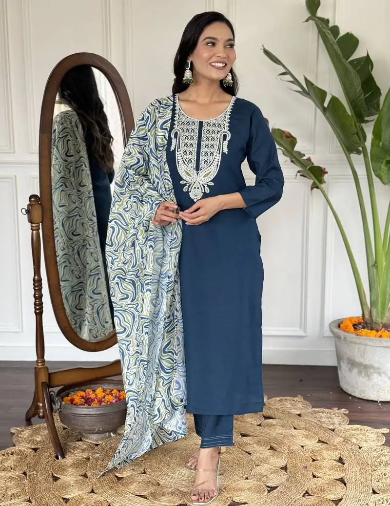 Teal sequence embroidery viscos kurta set with printed chanderi dupatta for women