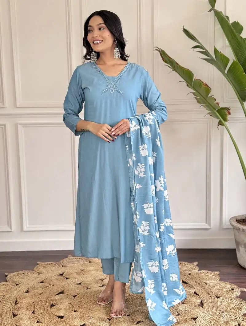 Sky blue sequence embroidery viscos chanderi silk kurta set with silk dupatta