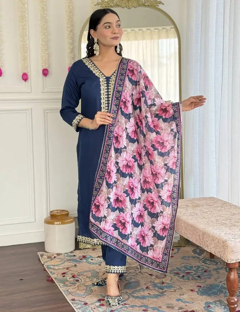 Blue floral sequence embroidery viscos silk kurta set with printed chinon dupatta for women