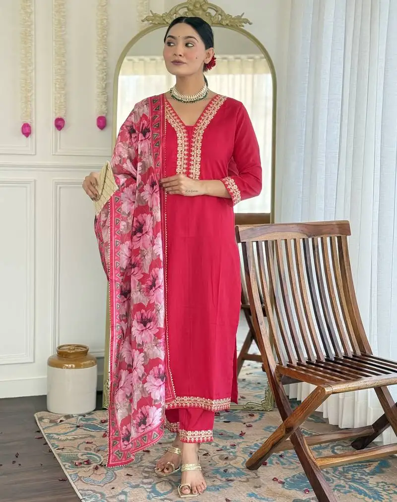 Rani pink floral sequence embroidery viscos silk kurta set with printed chinon dupatta for women