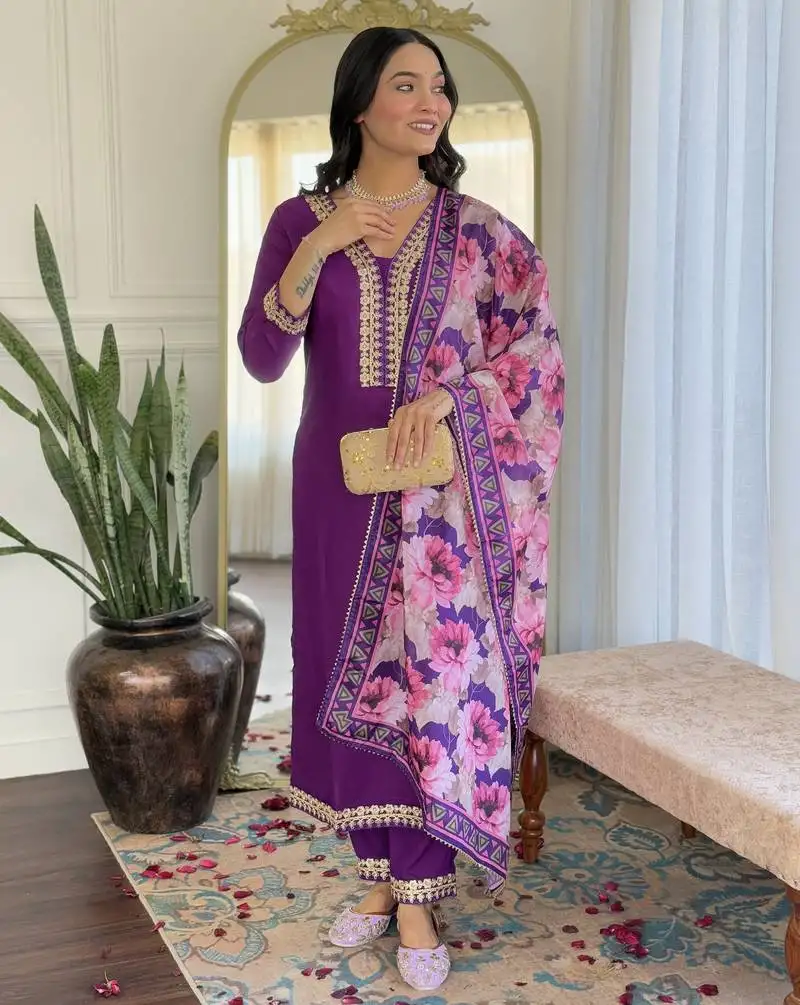 Violet floral sequence embroidery viscos silk kurta set with printed chinon dupatta for women