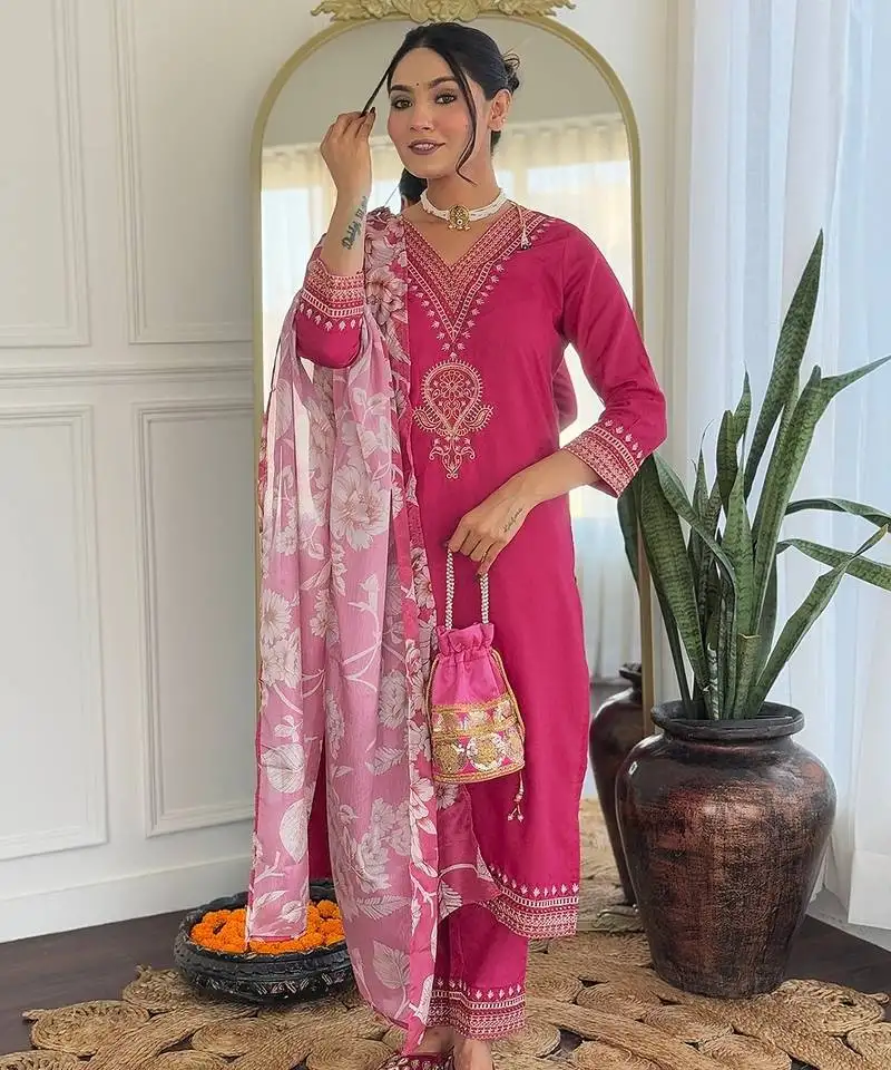 Rani pink floral sequence embroidery viscos rayon kurta set with printed chinon dupatta for women