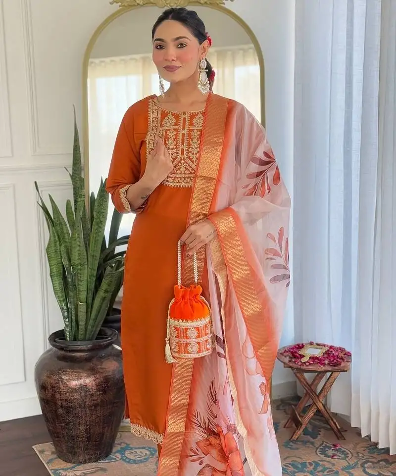 Orange sequence embroidery viscos rayon kurta set with floral jacquard for women