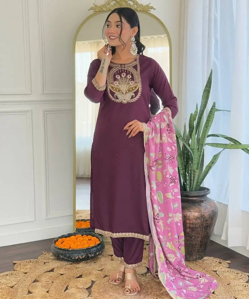 Wine floral sequence embroidery viscos rayon kurta set with printed crepe dupatta