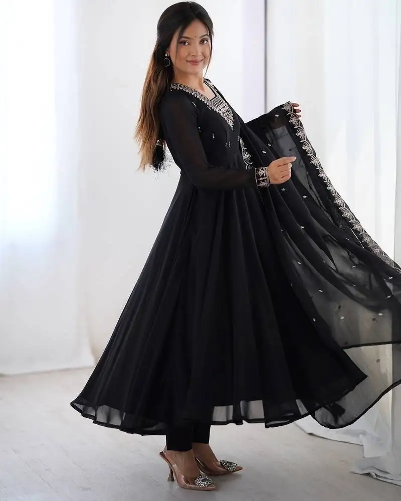 Premium black anarkali set with heavy embroidery, dupatta & full stitch finish stitched