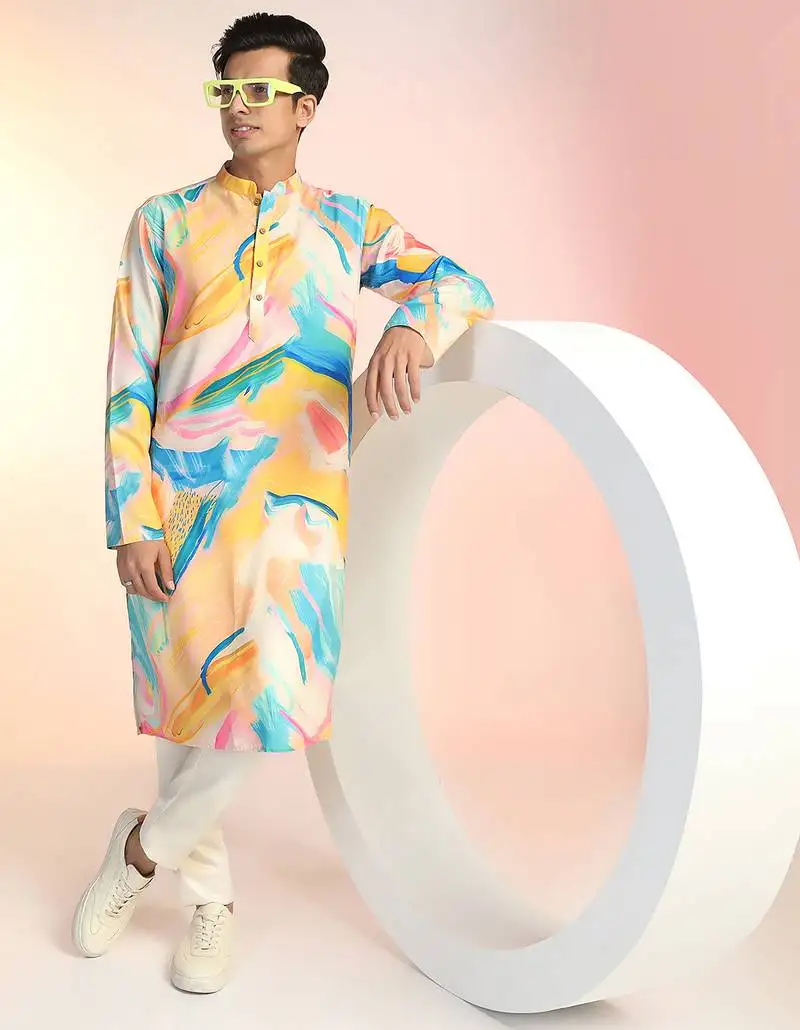Multicolor cotton blend kurta pajama set for men with printed design