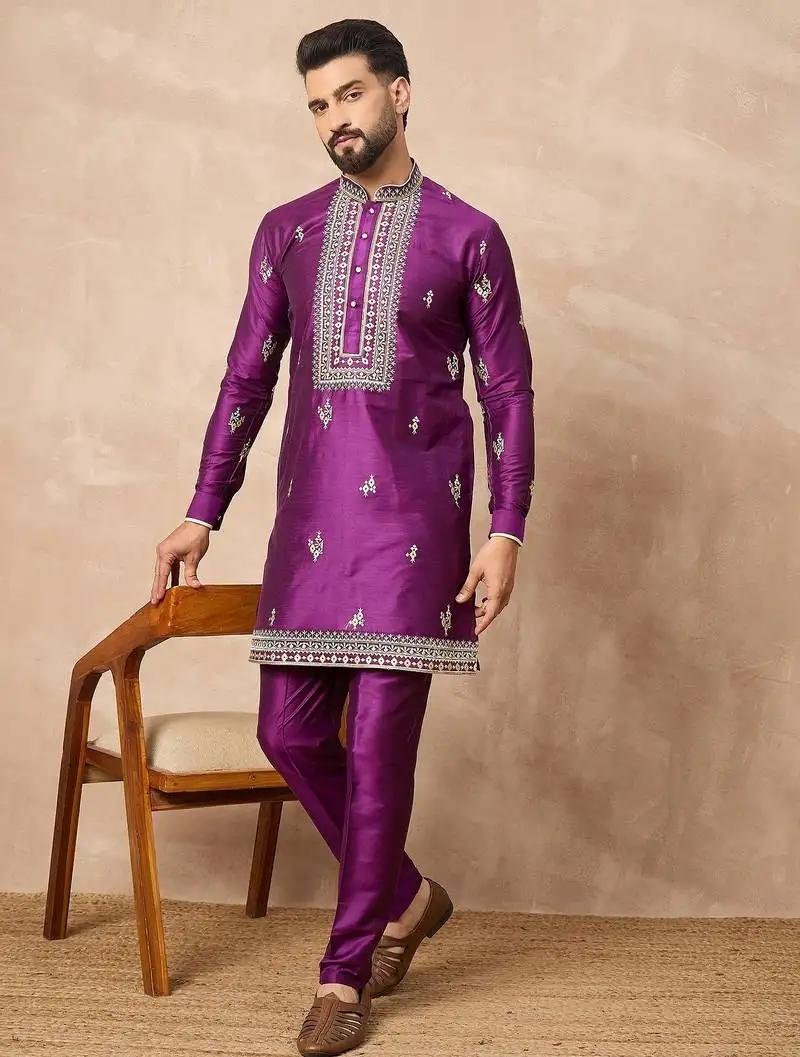 Purple silk blend kurta set for men with daman embroidered work