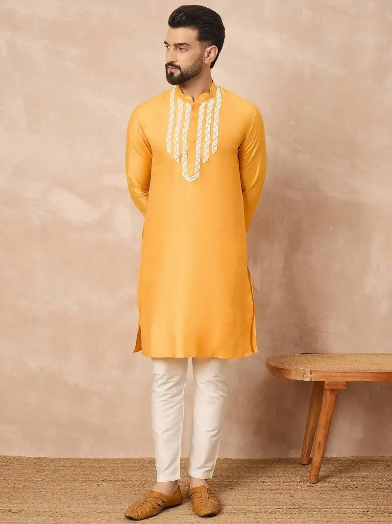 Yellow cotton blend kurta for men with embellished beads work