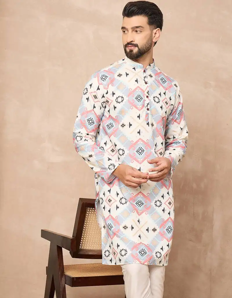 White cotton blend kurta for men with printed design