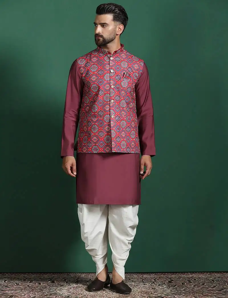 Red cotton blend nehru jacket for men with floral print
