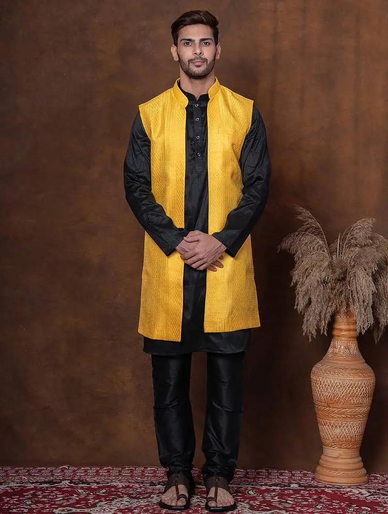 Black dupion long jacket for men with solid print