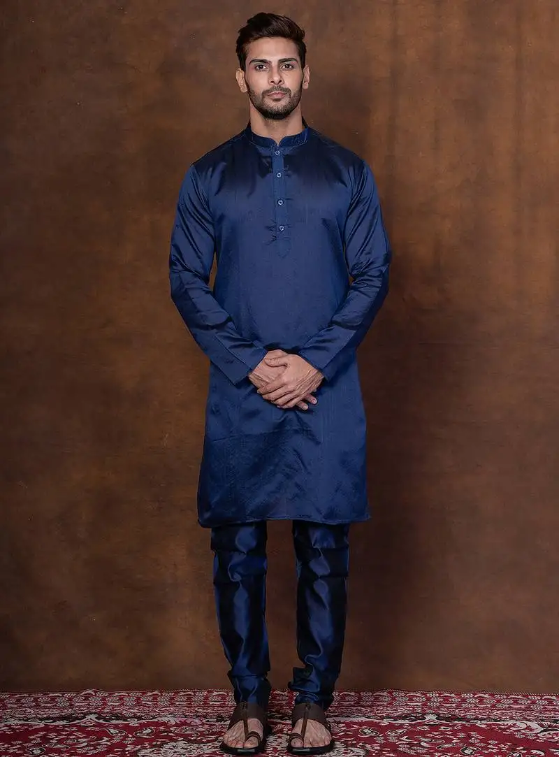 Navy blue dupion kurta churidar set for men with solid print