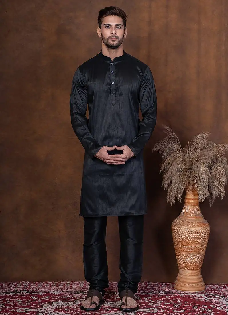 Black dupion kurta churidar set for men with solid print