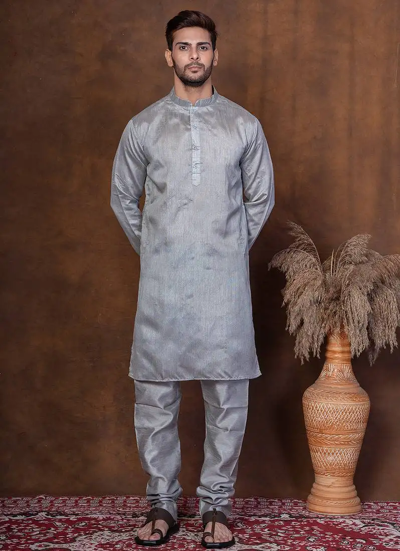 Grey dupion kurta churidar set for men with solid print