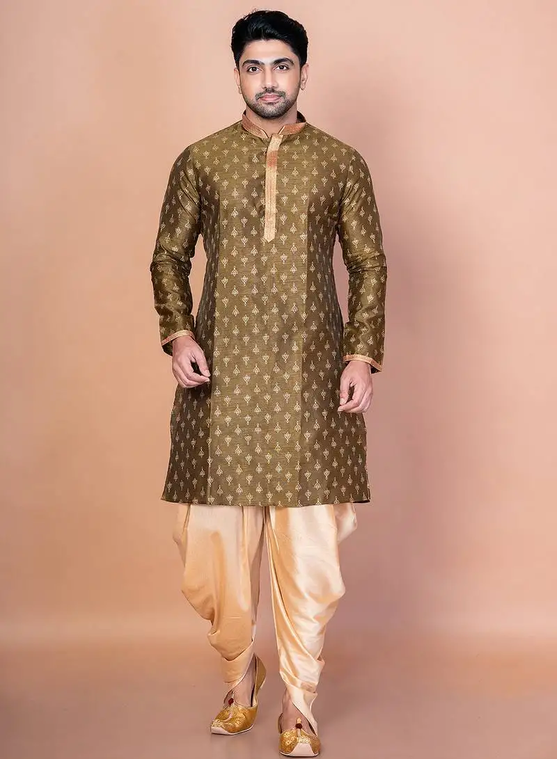 Green dupion kurta patiala set for men with embroidered work