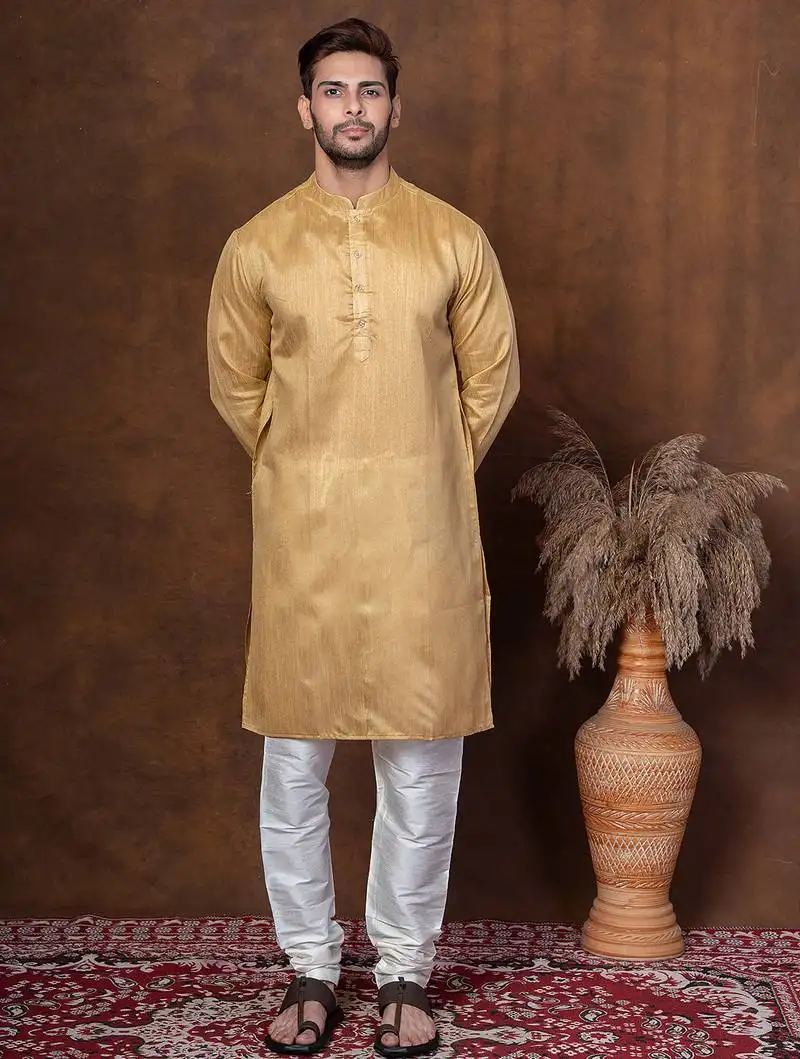 Beige dupion kurta for men with solid print