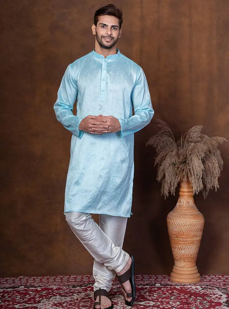 Sku blue dupion kurta for men with solid print