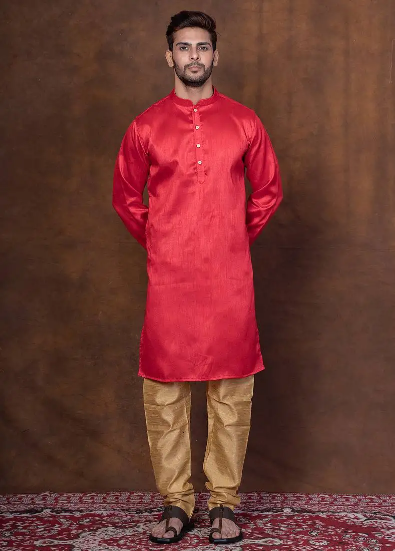 Red dupion kurta for men with solid print