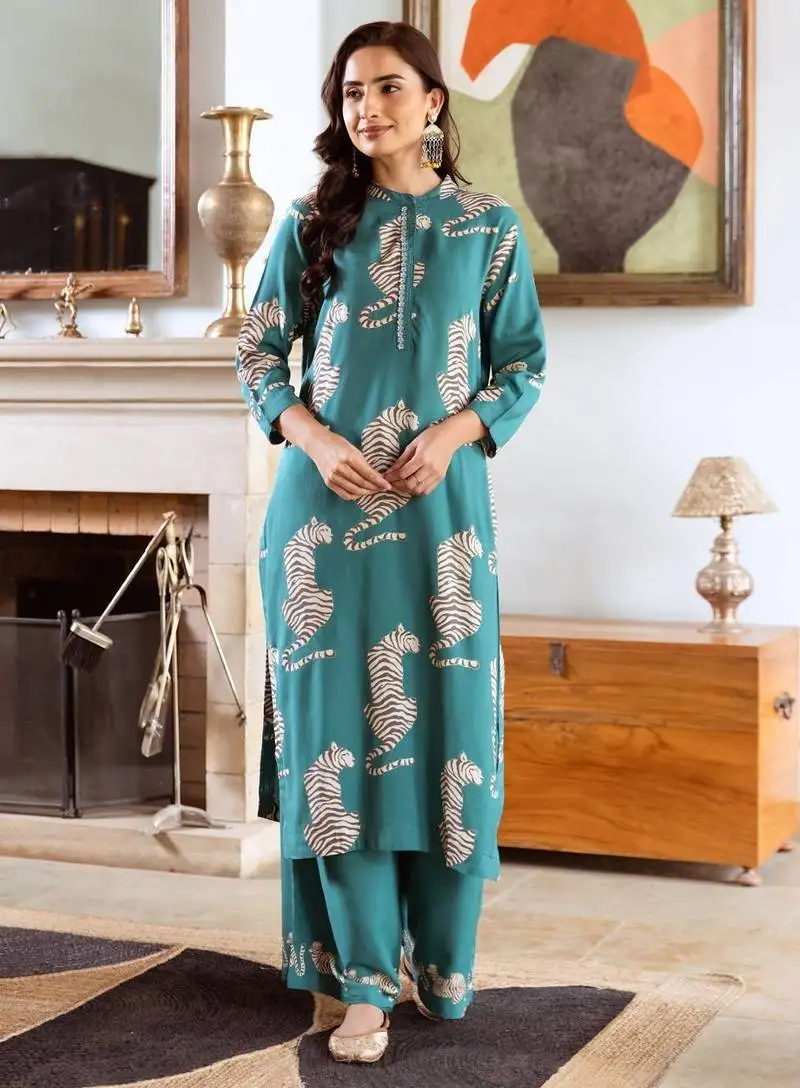Lapis green printed cotton kurta sets