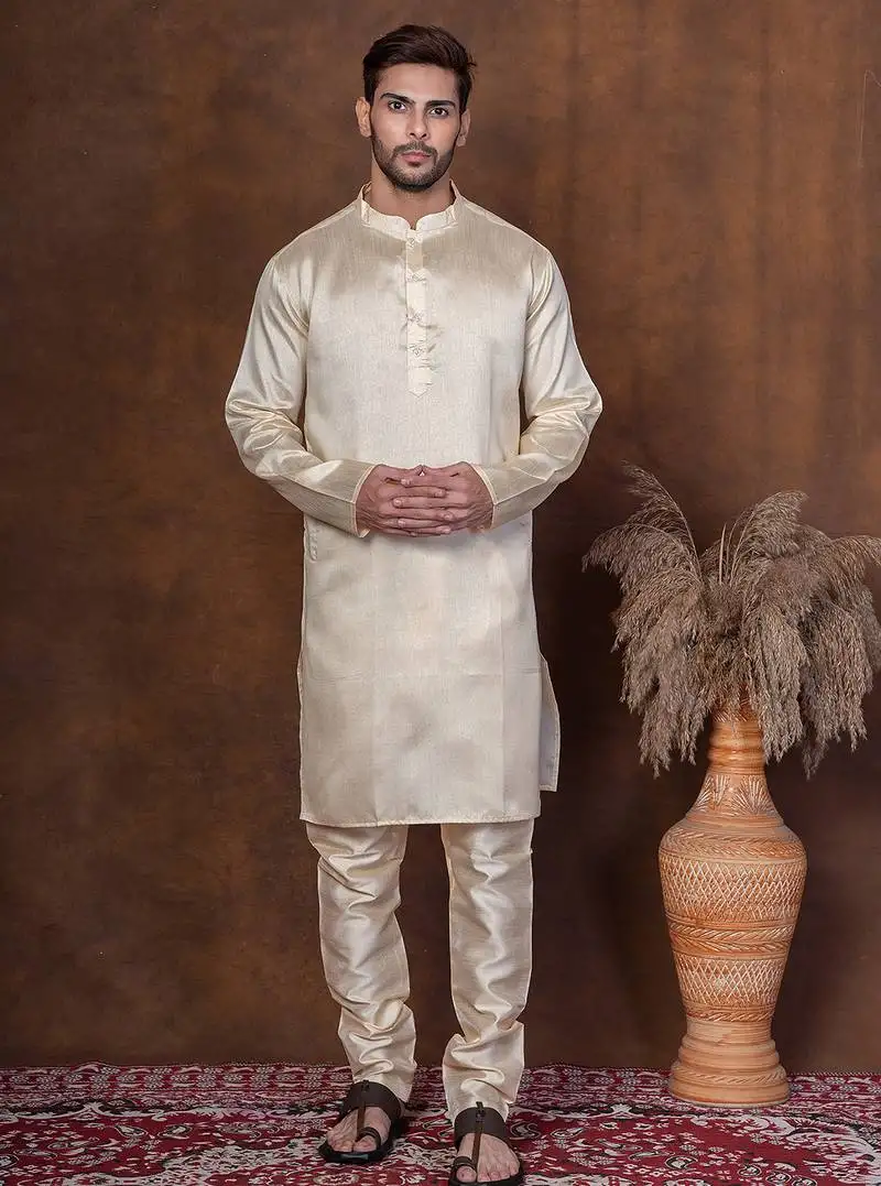 Grey dupion kurta for men with solid print